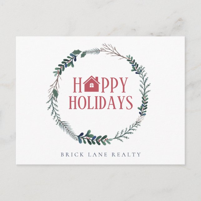 Cartes Pour Fêtes Annuelles Business Immobilier Happy Holidays Green Wreath (Devant)