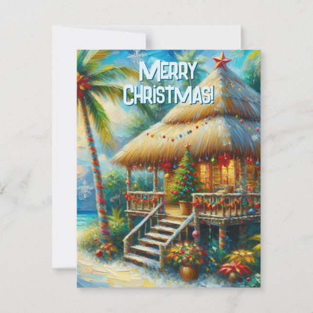 Cartes Pour Fêtes Annuelles Cabane Tropicale Noël Palm Tree Beach Lumières (Devant)