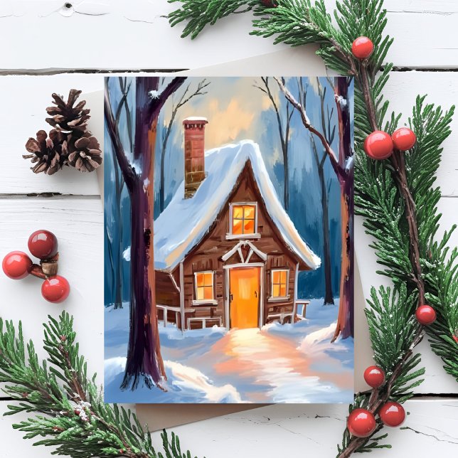 Cartes Pour Fêtes Annuelles Cabine dans la forêt hivernale neige Noël (Créateur téléchargé)