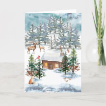 "Cabine dans la neige" Aquarelle Art Noël
