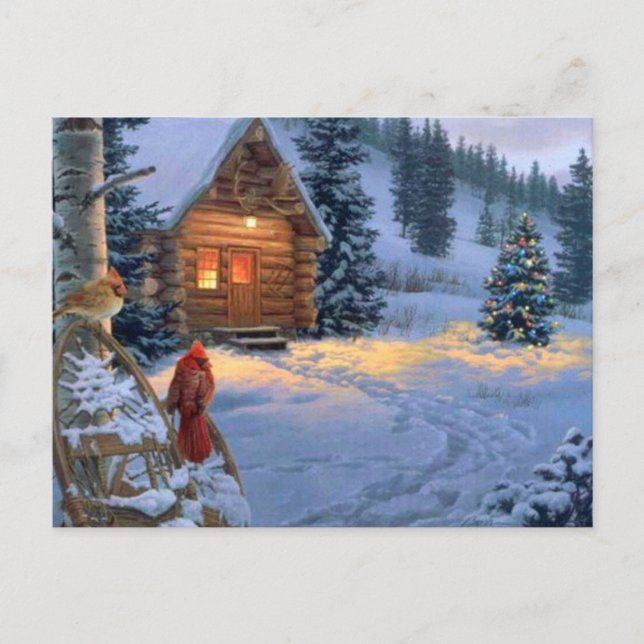 Cartes Pour Fêtes Annuelles Cabine de neige avec des oiseaux de Noël (Devant)