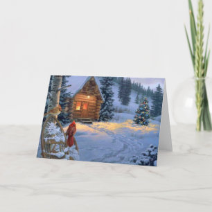Cartes Pour Fêtes Annuelles Cabine de neige avec des oiseaux de Noël