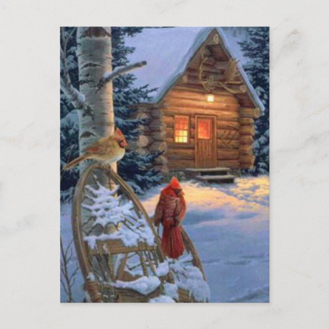 Cartes Pour Fêtes Annuelles Cabine de neige avec des oiseaux de Noël (Devant)