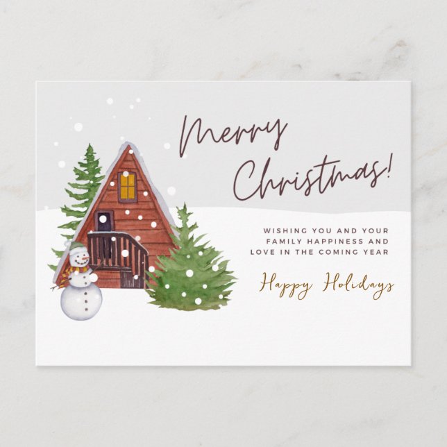 Cartes Pour Fêtes Annuelles Cabine d'hiver et Snowman | Noël aquarelle (Devant)