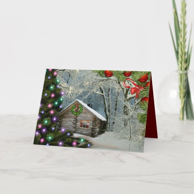 Cartes Pour Fêtes Annuelles Cabine Rustique En Bois Dans Le Sauvage Noël (Devant)