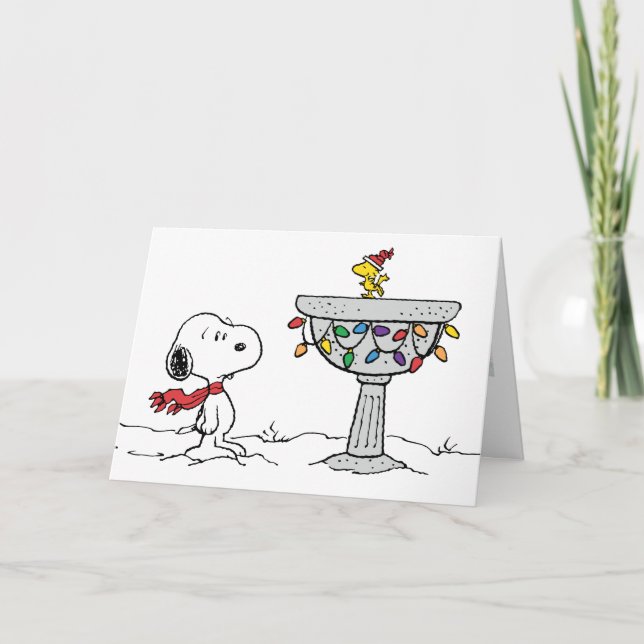 Cartes Pour Fêtes Annuelles cacahuètes | Snoopy & Woodstock Froid Birdbath (Devant)