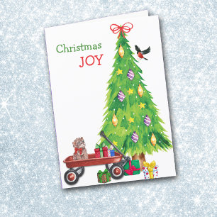 Cartes Pour Fêtes Annuelles Cadeau de chaton dans Wagon, Bird et Holiday Tree