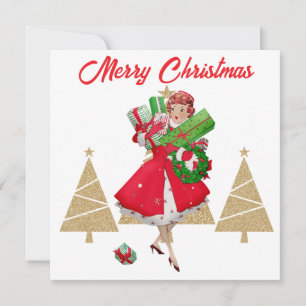 Cartes Pour Fêtes Annuelles Cadeaux de la Dame de Noël Vintage Red Green Gold 