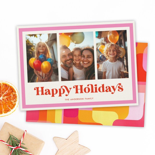 Cartes Pour Fêtes Annuelles Cadre 3 photos rétro Joyeuses Fêtes Rose Arc-en-ci (Créateur téléchargé)