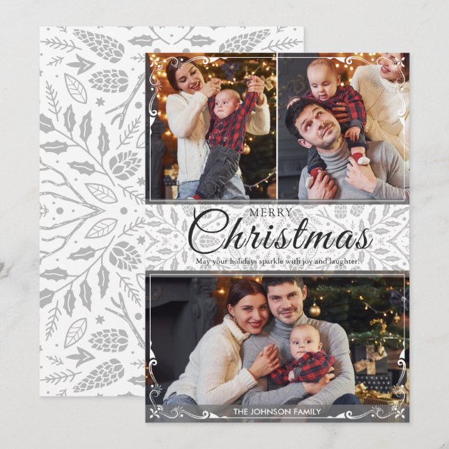 Cartes Pour Fêtes Annuelles Cadre blanc simple et élégant 3 Photo Noël (Devant / Derrière)