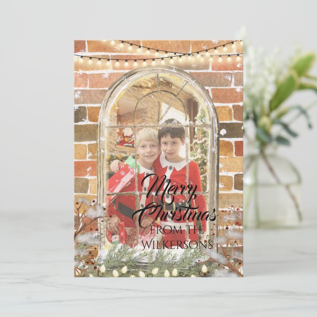 Cartes Pour Fêtes Annuelles Cadre de fenêtre de Noël à l'aquarelle avec photo  (Debout devant)