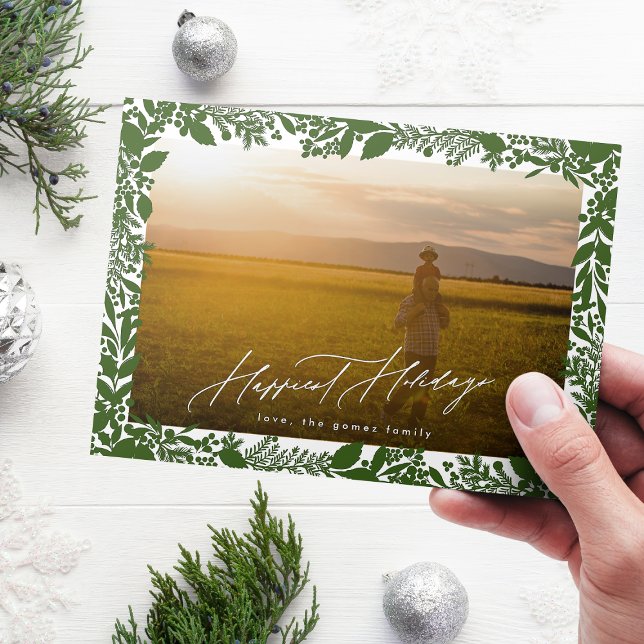 Cartes Pour Fêtes Annuelles Cadre de Noël botanique vert photo la plus heureus (Créateur téléchargé)