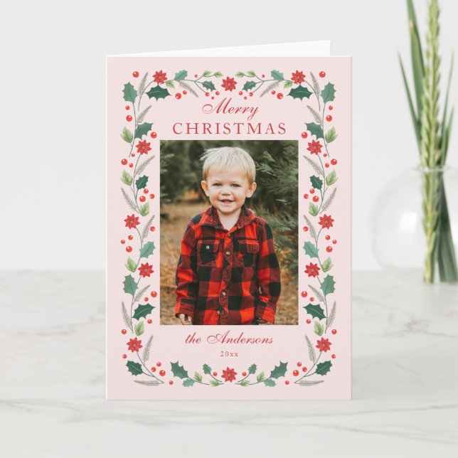 Cartes Pour Fêtes Annuelles Cadre floral de Noël Photo rose (Devant)