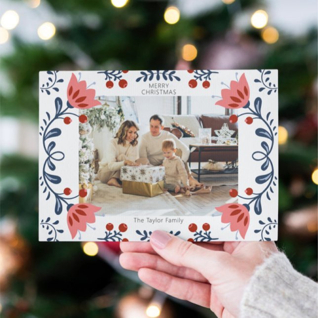 Cartes Pour Fêtes Annuelles Cadre floral élégant Noël Une photo (Elegant Floral Frame Christmas One Photo Holiday Cards from Ricaso. Add your own photograph & text)
