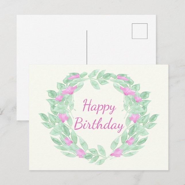 Cartes Pour Fêtes Annuelles Cadre floral rond Joyeux anniversaire. (Devant / Derrière)