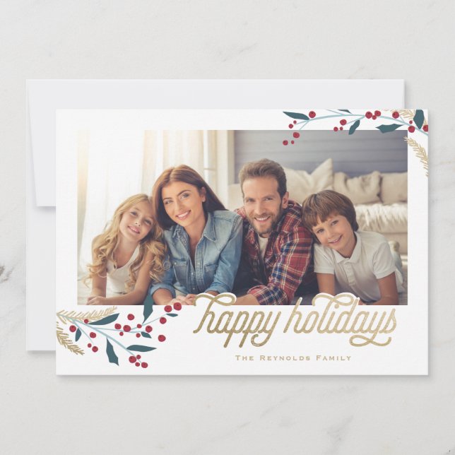 Cartes Pour Fêtes Annuelles Cadre Gold Red Berries | Joyeuses fêtes (Devant)