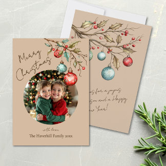 Cartes Pour Fêtes Annuelles Cadre Photo Famille Cute Beige Aquarelle Noël