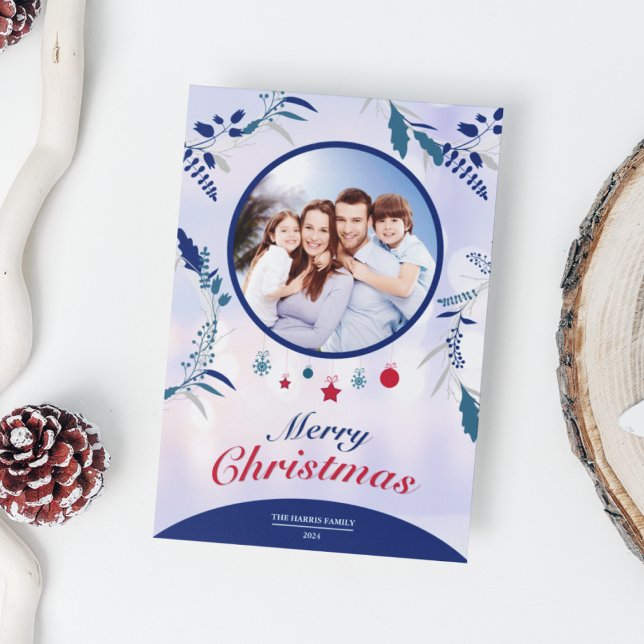 Cartes Pour Fêtes Annuelles Cadre photo floral bleu marine botanique | Noël (Navy Blue Botanical Floral Photo Frame Christmas Holiday Card)