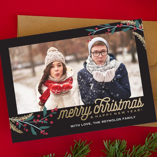 Cartes Pour Fêtes Annuelles Cadre photo Gold Red Berries | Joyeux Noël (Créateur téléchargé)