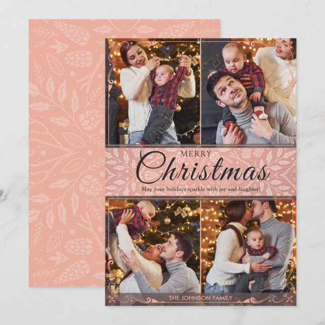 Cartes Pour Fêtes Annuelles Cadre rose simple et élégant 4 Photo Noël (Devant / Derrière)