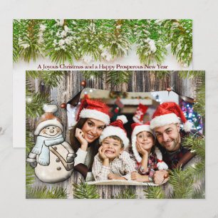 Cartes Pour Fêtes Annuelles Cadre rustique en bois Snowman avec texte sur le d