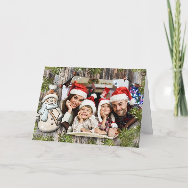 Cartes Pour Fêtes Annuelles Cadre rustique en bois Snowman Photo de Noël (Devant)