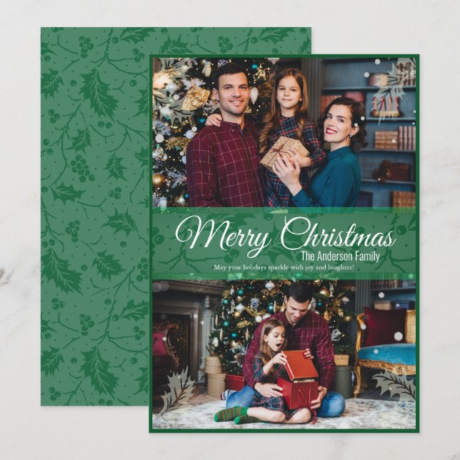 Cartes Pour Fêtes Annuelles Cadre vert de Noël Holly Leaf 2 Photo (Devant / Derrière)