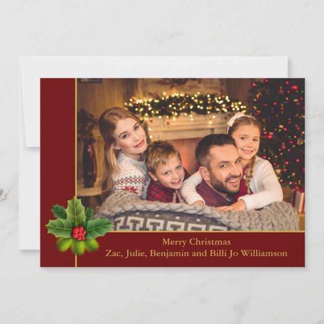 Cartes Pour Fêtes Annuelles Cadres rouge et or de Noël avec photo Holly (Devant)