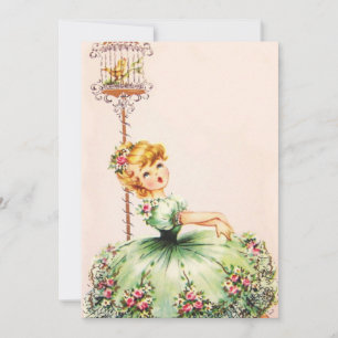 Cartes Pour Fêtes Annuelles Cage vintage d'oiseaux et fille de fleurs en robe