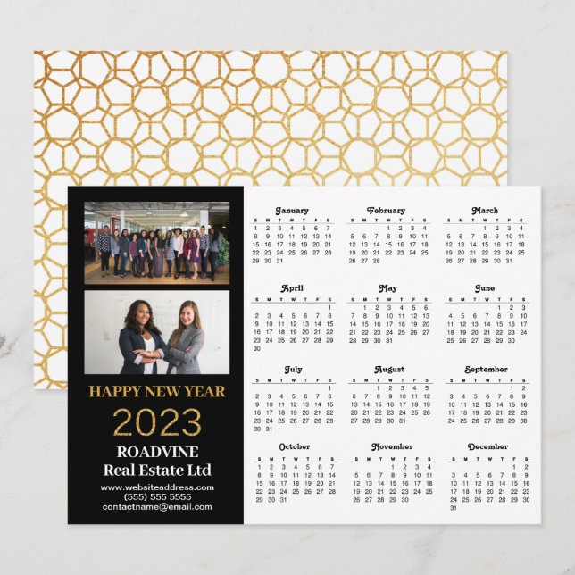 Cartes Pour Fêtes Annuelles Calendrier 2023 Business 2 Photo Modern Gold Scrip (Devant / Derrière)