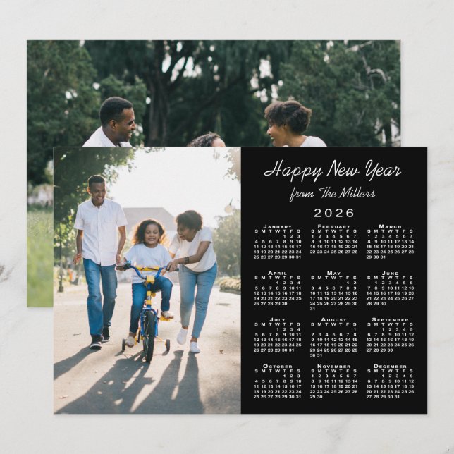 Cartes Pour Fêtes Annuelles Calendrier 2026 Modern Black 2 Photo Bonne année (Devant / Derrière)