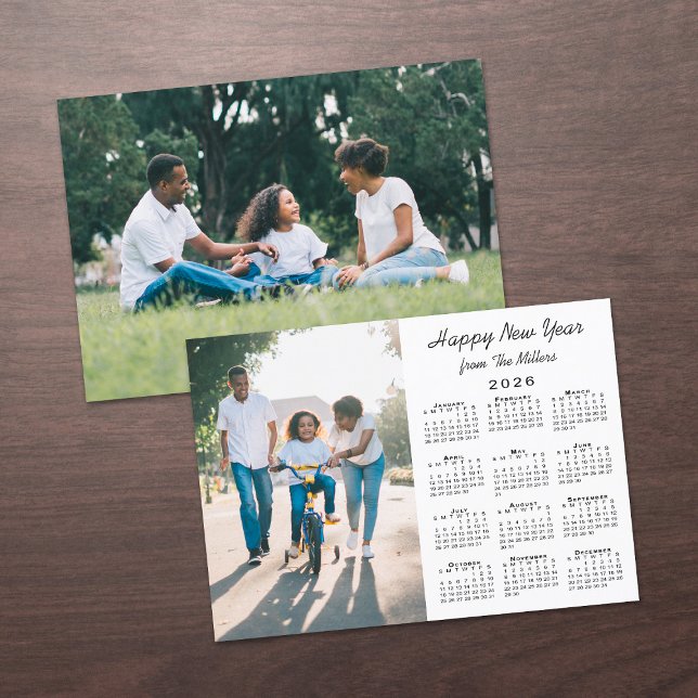 Cartes Pour Fêtes Annuelles Calendrier 2026 Moderne 2 Photo Bonne année (2026 Calendar Modern 2 Photo Happy New Year Holiday Card, front/back)