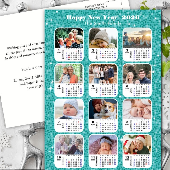 Cartes Pour Fêtes Annuelles Calendrier 2026 Moderne Famille 12 Photo Paillette (Créateur téléchargé)