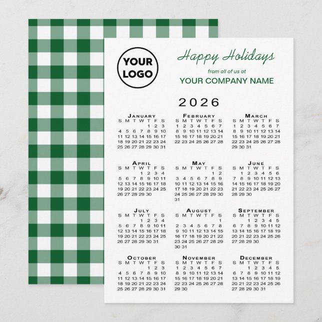 Cartes Pour Fêtes Annuelles Calendrier Business Logo 2026 Vert Blanc En vichy (Devant / Derrière)