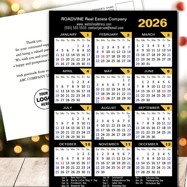 Cartes Pour Fêtes Annuelles Calendrier d'affaires 2026 avec US Holidays Gold B (Créateur téléchargé)