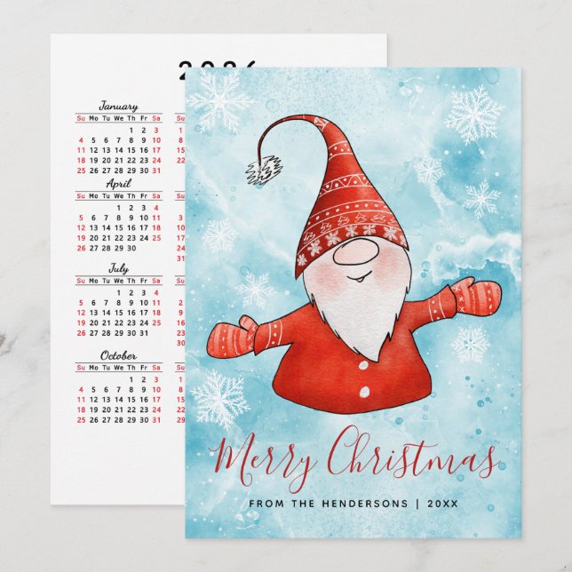 Cartes Pour Fêtes Annuelles Calendrier de Noël 2026 Gnome Bleu Rouge (Devant / Derrière)