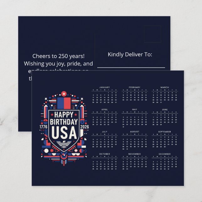 Cartes Pour Fêtes Annuelles Calendrier Joyeux anniversaire USA 250 (Devant / Derrière)