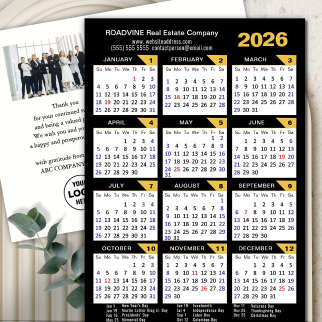 Cartes Pour Fêtes Annuelles Calendrier Moderne 2026 Photo Entreprise Or Noir (Créateur téléchargé)