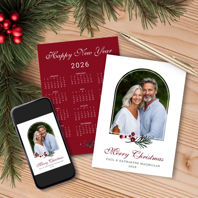 Cartes Pour Fêtes Annuelles Calendrier photo 2026 Pine Arch rouge foncé Noël (2026 Pine Arch Dark Red Christmas Photo Calendar Holiday Card with Instant Download Option)