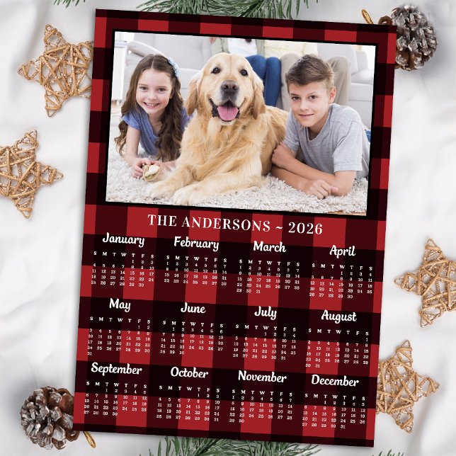 Cartes Pour Fêtes Annuelles Calendrier photo 2026 Red Buffalo Plaid Family Dog (Créateur téléchargé)