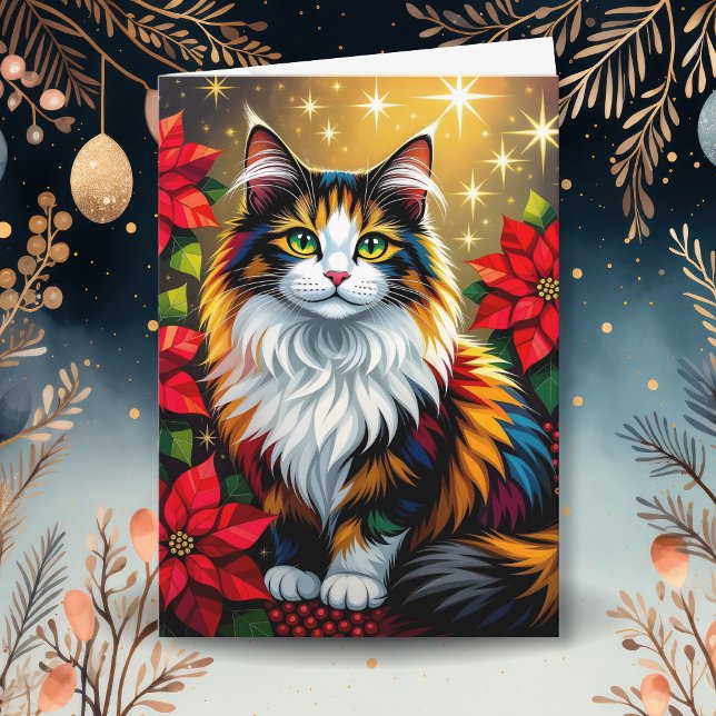 Cartes Pour Fêtes Annuelles Calico Cat with Poinsettias Custom Christmas (Créateur téléchargé)