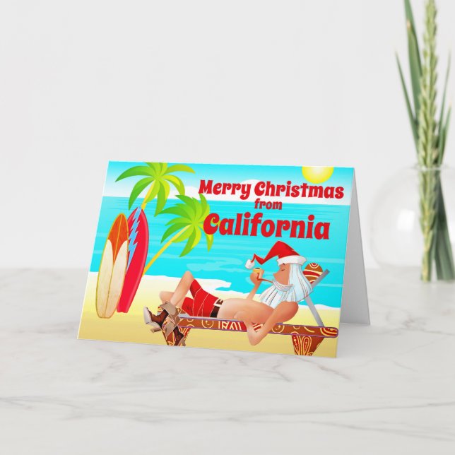 Cartes Pour Fêtes Annuelles California Christmas Père Noël et Surfboards Beach (Devant)