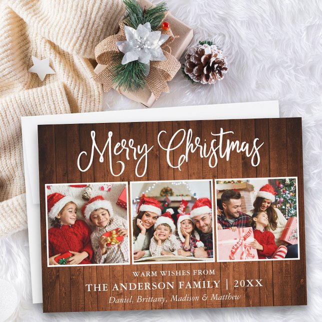 Cartes Pour Fêtes Annuelles Calliage moderne amusant Noël 3 Photo Bois (Customize to add text to back of card.)