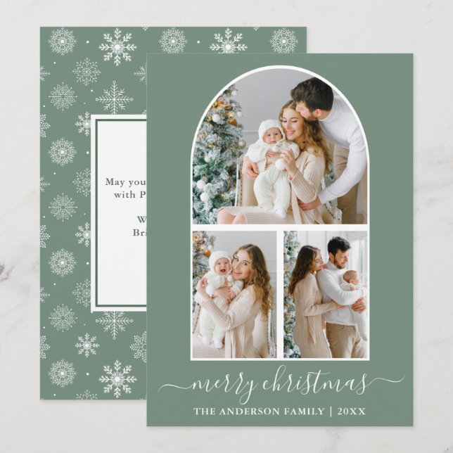 Cartes Pour Fêtes Annuelles Calligraphie 3 Arbre photo Snowflakes Sage Green (Devant / Derrière)