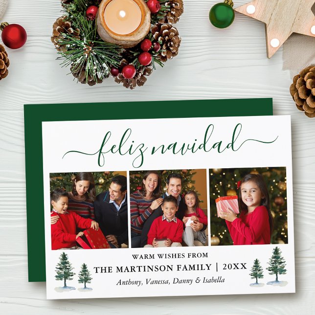 Cartes Pour Fêtes Annuelles Calligraphie 3 Photo Pines vertes Feliz Navidad (Customize to add text to back of card.)