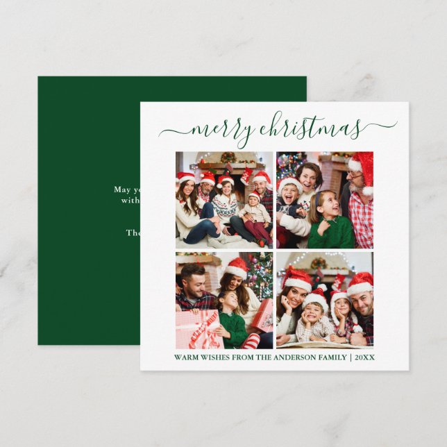 Cartes Pour Fêtes Annuelles Calligraphie 4 Photo Carré vert de Noël (Devant / Derrière)