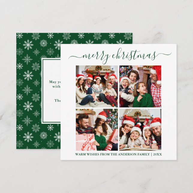 Cartes Pour Fêtes Annuelles Calligraphie 4 Photo Snowflakes Green Carré (Devant / Derrière)