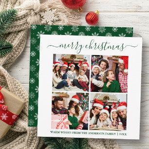 Cartes Pour Fêtes Annuelles Calligraphie 4 Photo Snowflakes Green Carré