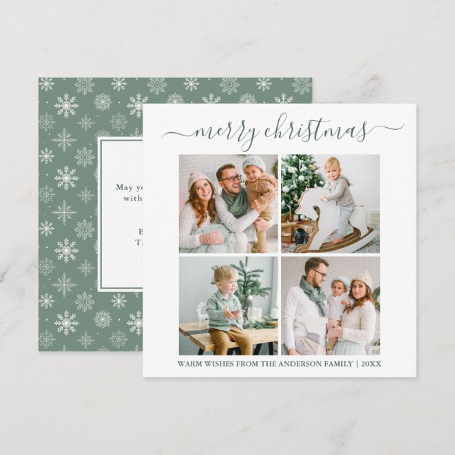Cartes Pour Fêtes Annuelles Calligraphie 4 Photo Snowflakes Sage Green Carré (Devant / Derrière)