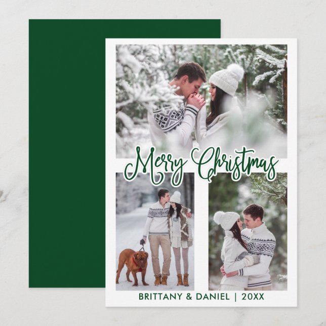 Cartes Pour Fêtes Annuelles Calligraphie amusante 3 Photo Couple de Noël Vert (Devant / Derrière)
